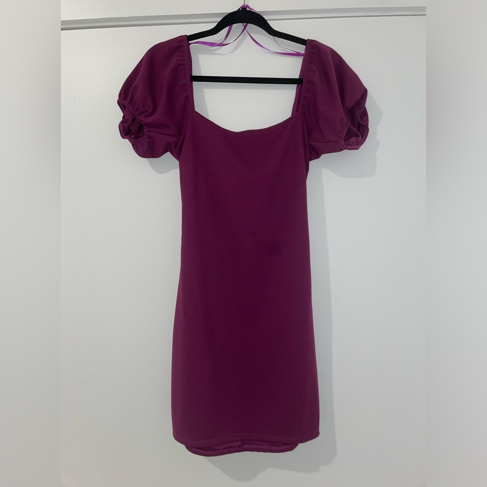 Windsor Oh-So-Sweet Puff Sleeve Mini Dress in Plum Purple